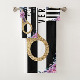 Haar Stylist Glitter Schaar Beauty strepen bloemen Bad Handdoek