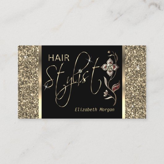 Haar Stylist - Gold Glitter en Floral Visitekaartje (Voorkant)