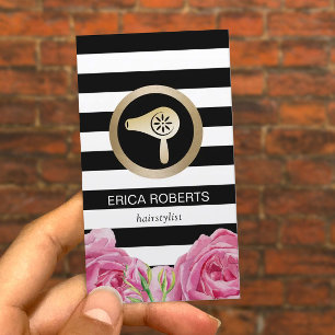 Haar Stylist Gold Hair Dryer Modern Stripes Floral Visitekaartje