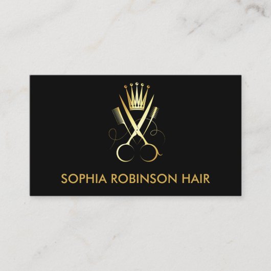Haar Stylist Gouden Script Schaar Kam Kroon Visitekaartje (Voorkant)