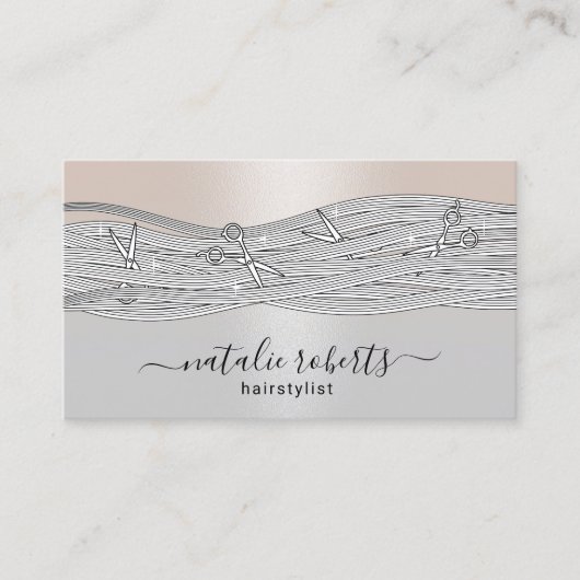 Haar Stylist Lang Haar & Schaar Zilveren Salon Visitekaartje (Voorkant)