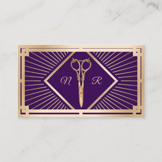 Haar Stylist Modern Paarse & Gouden Art Deco Salon Visitekaartje (Voorkant)