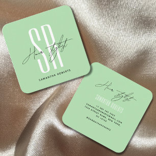 Haar stylist moderne munt monogram initialen vierkante visitekaartje