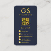 Haar Stylist Monogram Marine Blauw Goud QR Code Visitekaartje (Achterkant)