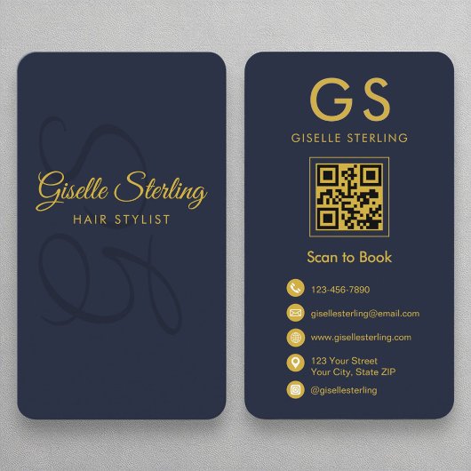 Haar Stylist Monogram Marine Blauw Goud QR Code Visitekaartje