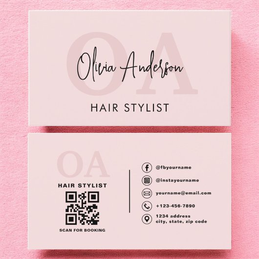 Haar Stylist QR Code Monogram Blush Pink Visitekaartje