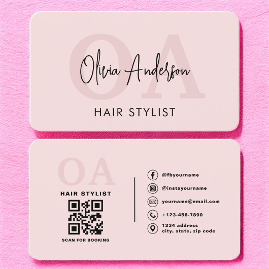 Haar Stylist QR Code Monogram Blush Pink Visitekaartje