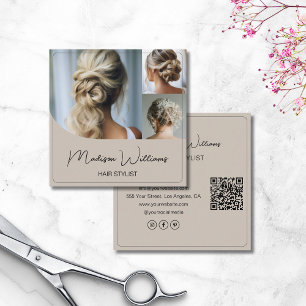 Haar Stylist Salon 3 Foto's QR Code Beige Vierkante Visitekaartje
