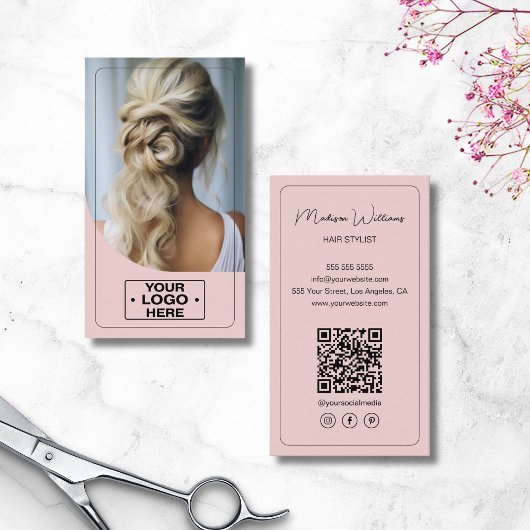 Haar Stylist Salon Logo Foto QR Code Roze Visitekaartje