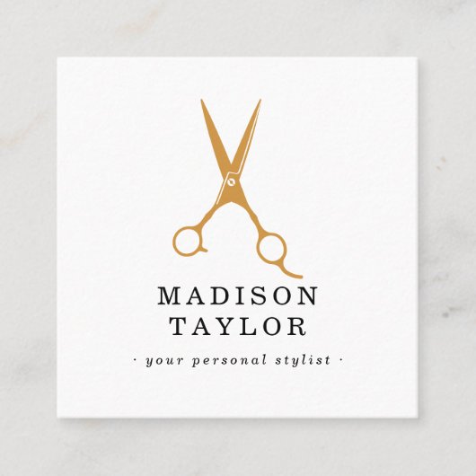Haar Stylist Schaar Chique Tekening Goud & Wit Vierkante Visitekaartje (Voorkant)