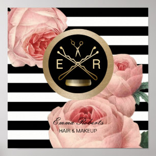 Haar Stylist Scissor & Comb Floral Stripes Poster