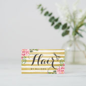 Haar Stylist Scissors Script Floral Gold Striped Visitekaartje (Staand voorkant)