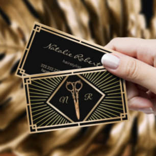 Haar Stylist Zwart & Goud Art Deco Schoonheidssalo Visitekaartje