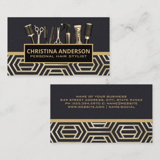 Haargereedschap | Leer | Goud Modern Geometrisch Visitekaartje (Voorkant / Achterkant)