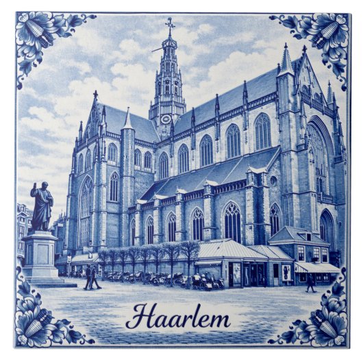 Haarlem church Delft Blue style ceramic tile Tegeltje (Voorkant)