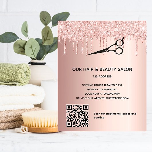Haarsalon roze gouden glitter prijs QR-code  Flyer