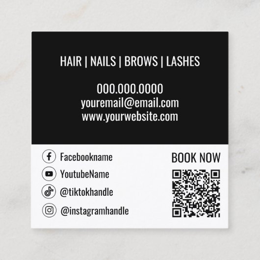 Haarstyist Zwart Wit QR Code Socials Sjabloon Vierkante Visitekaartje (Achterkant)