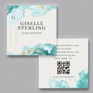 Haarstylist Blauwgroen Blue Waterverf QR-code Vierkante Visitekaartje