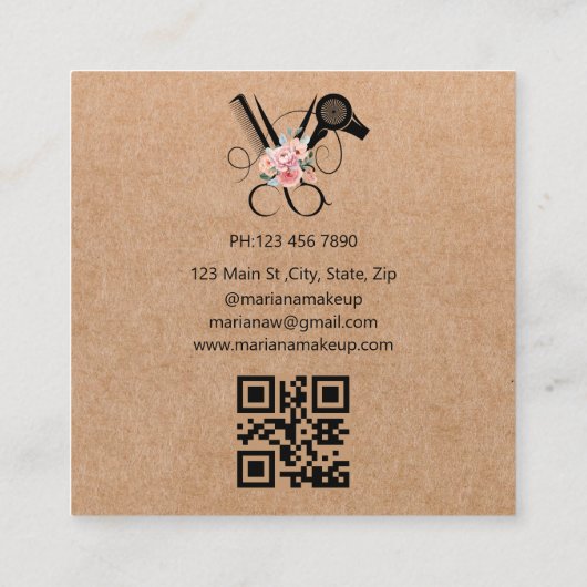 haarstylist bloemenschaar qr code kraft bruin vierkante visitekaartje (Achterkant)
