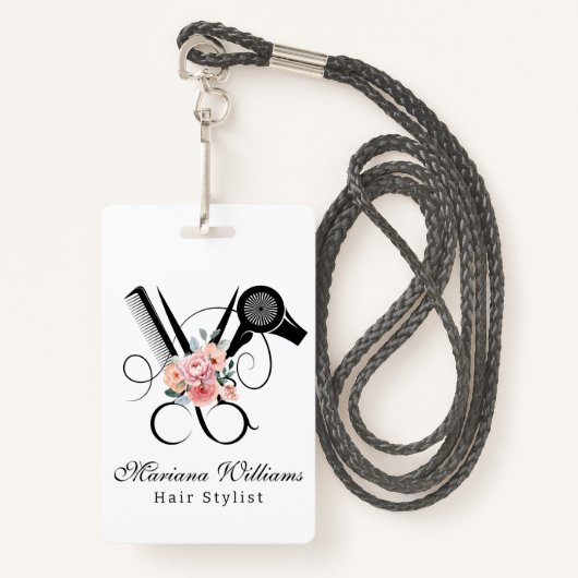 haarstylist kapper bloemenschaar naamplaatje badge (Voorkant met draagriem)