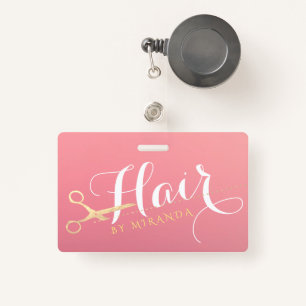 Haarstylist Makeup Salon Modern Pink Gold Scissors Badge