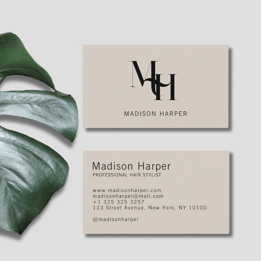 Haarstylist modern monogram initialen tan visitekaartje