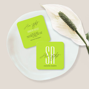 Haarstylist modern neon groen monogram initialen vierkante visitekaartje