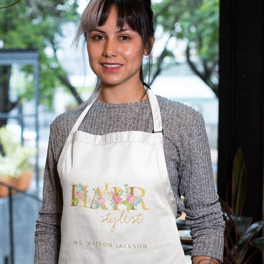 Haarstylist-naam en typografie-logo-haarsalon standaard schort
