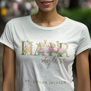 Haarstylist-naam en typografie-logo-haarsalon t-shirt