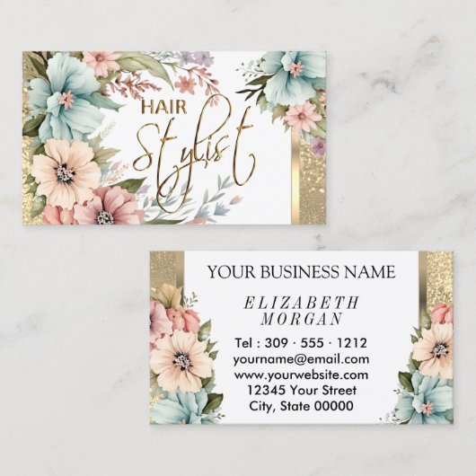 Haarstyliste in Bloemen en Glitter Visitekaartje (Voorkant / Achterkant)