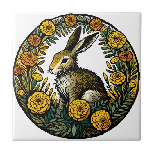 Haas en goudsbloemen tegeltje (Voorkant)