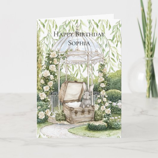 Haas in borst groene bladeren bloem verjaardag kaart (Voorkant)