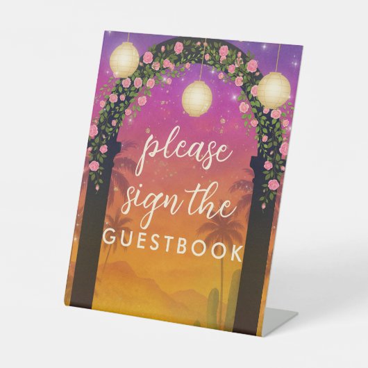 Hacienda Sunset Floral Arch Guestbook Tafelbord Reclamebord Met Voetstuk (Voorkant)