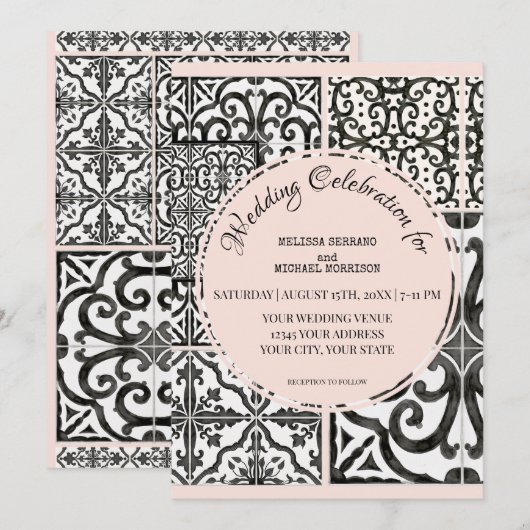Hacienda Tegel Zwart Wit Blush Modern Huwelijk Kaart (Voorkant / Achterkant)