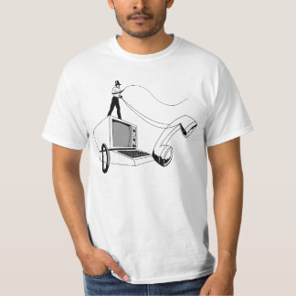 Hacker die computer overdrijft en een telefoon zwe t-shirt