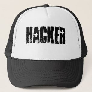 Hacker (zwart afdrukken/wit pet) trucker pet