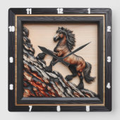 Haflinger Ascent: Zwart Bruin Hout Custom Vierkante Klok (Voorkant)