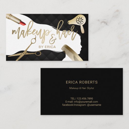 Hair & Makeup Beauty Salon Black & Gold Typografie Visitekaartje (Voorkant / Achterkant)