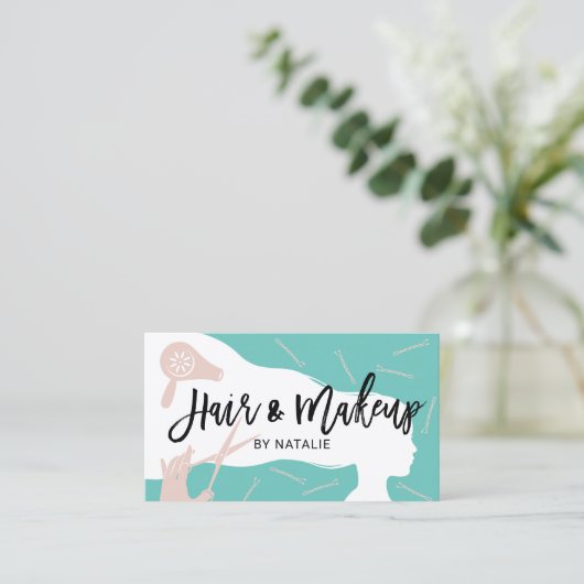 Hair & Makeup Beauty Salon Blauwgroen & Roze Typog Visitekaartje (Staand voorkant)