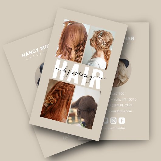 Hair Salon Calligraphy Script Photo Collage Beige  Visitekaartje