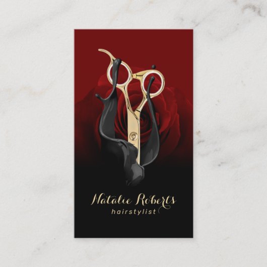 Hair Salon Gold Scissor & Red Rose Modern Stylist Visitekaartje (Voorkant)