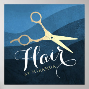 Hair Salon Haarstylist Modern Blue & Gold Scissors Poster