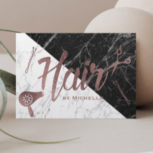 Hair Salon Roos Gold Script Black & White marble Visitekaartje