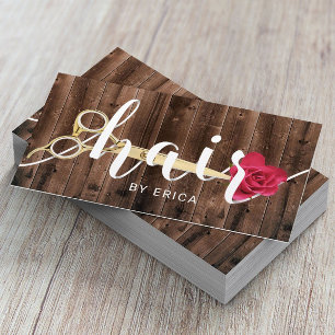 Hair Salon Scissor & Flower Typography Rustic Wood Visitekaartje