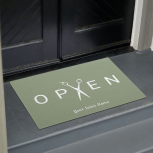 Hair Salon Scissor Open Sage Green Welcome Deurmat