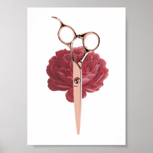 Hair Stylist Burgundy Flower & Roos Gold Scissor Poster