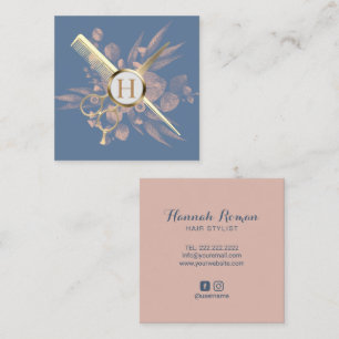 Hair Stylist Dusty Blue & Pink Botanical Salon Vierkante Visitekaartje