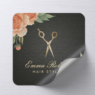 Hair Stylist  Floral Elegant Black & Gold Vierkante Sticker
