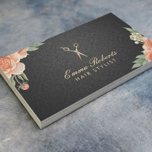 Hair Stylist Floral Elegant Black & Gold Visitekaartje