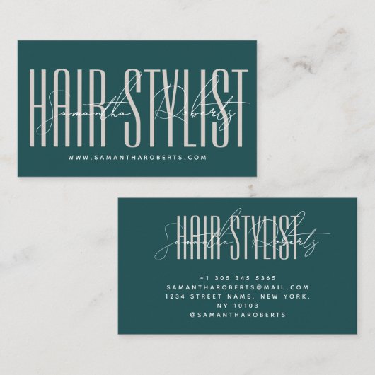 Hair stylist modern typography script green visitekaartje (Voorkant / Achterkant)